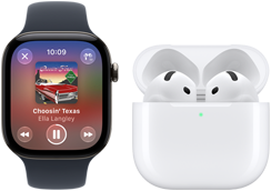 Apple Watch Series 12, aluminium case, black colour, black Sport Band, Apple Music app open, paired with AirPods 4