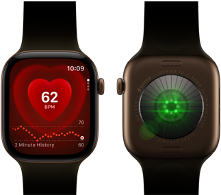 Two Apple Watch Series 12 devices, aluminium case, dark bronze colour with olive Sport Band, one showing the Heart Rate app, the other with the Health Sensing System on the back of the watch, with glowing green LED lights