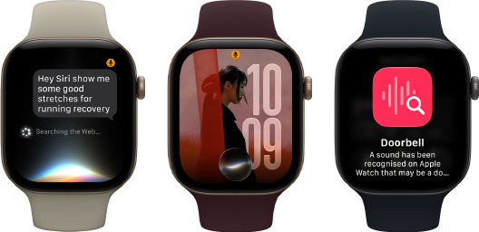 Three Apple Watch Series 12 devices, one with light gold aluminium case, Siri AI conversation, sand Sport Band, one with light gold aluminium case, personalised photo on watch face with Siri AI complication, burgundy Sport Band, and one with space grey aluminium case, Siri Recap, black Sport Band