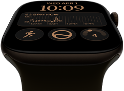 Apple Watch Series 12, aluminium case, dark bronze colour, Modular watch face, complications: day and date, Workouts, Activity rings, Apple Music, right side exterior, Digital Crown, Sport Band, olive colour