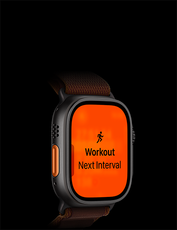 Apple Watch Ultra 4, titanium case, black colour, Running workout, next interval, left side exterior, orange Action button, Alpine Loop strap