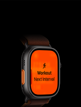 Apple Watch Ultra 4, titanium case, black colour, Running workout, next interval, left side exterior, orange Action button, Alpine Loop strap