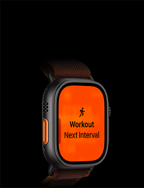 Apple Watch Ultra 4, titanium case, black colour, Running workout, next interval, left side exterior, orange Action button, Alpine Loop strap