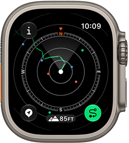 Apple Watch Ultra 4, titanium case, natural colour, Backtrack showing route with compass directions, right side exterior, Digital Crown, raised side button