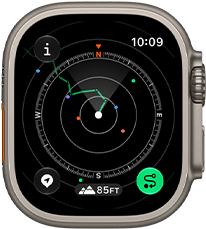 Apple Watch Ultra 4, titanium case, natural colour, Backtrack showing route with compass directions, right side exterior, Digital Crown, raised side button
