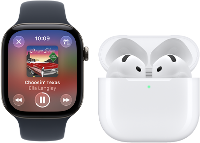 Apple Watch Series 12, aluminium case, black colour, black Sport Band, Apple Music app open, paired with AirPods 4