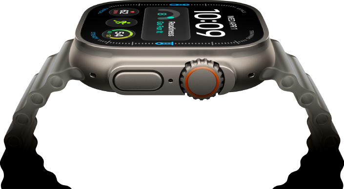 Apple Watch Ultra 4, titanium case, natural colour, digital clock face, complications: readiness, heart rate, Workouts, temperature, right side exterior, Digital Crown, raised side button, Ocean Band, translucent grey colour