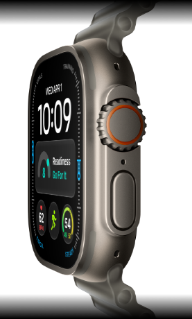Apple Watch Ultra 4, titanium case, natural colour, digital clock face, complications: readiness, heart rate, Workouts, temperature, right side exterior, Digital Crown, raised side button, Ocean Band, translucent grey colour