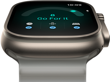 Apple Watch Ultra 4, titanium case, natural colour, readiness score of 8, right side exterior, Digital Crown, raised side button, Ocean Band, translucent grey colour