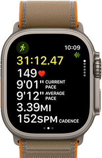 Apple Watch Ultra 4, titanium case, natural colour, advanced Outdoor Run workout metrics, right side exterior, Digital Crown, raised side button, Trail Loop strap, sand colour