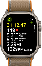 Apple Watch Ultra 4, titanium case, natural colour, advanced Outdoor Run workout metrics, right side exterior, Digital Crown, raised side button, Trail Loop strap, sand colour