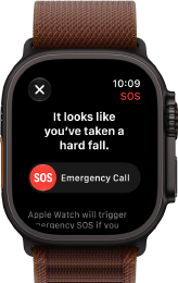 Apple Watch Ultra 4, titanium case, black colour, satellite connection, right side exterior, Digital Crown, raised side button, Alpine Loop strap, burgundy colour