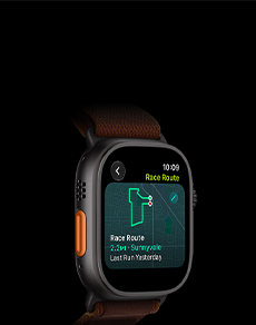 Apple Watch Ultra 4, titanium case, black colour, Race Route feature with a map of a running route, left side exterior, Action button, Alpine Loop strap, burgundy colour