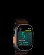 Apple Watch Ultra 4, titanium case, black colour, Race Route feature with a map of a running route, left side exterior, Action button, Alpine Loop strap, burgundy colour