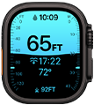 Apple Watch Ultra 4, titanium case, black colour, Depth app showing diving metrics, right side exterior, Digital Crown, raised side button