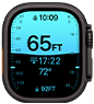 Apple Watch Ultra 4, titanium case, black colour, Depth app showing diving metrics, right side exterior, Digital Crown, raised side button