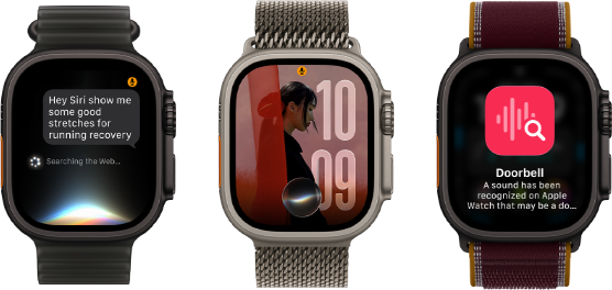 Three Apple Watch Ultra 4 devices, one with black titanium case, Siri AI conversation, translucent black Ocean Band, one with natural titanium case, personalised photo on watch face with Siri AI complication, natural titanium Milanese Loop strap, and one with black titanium case, Siri Recap, burgundy Trail Loop strap